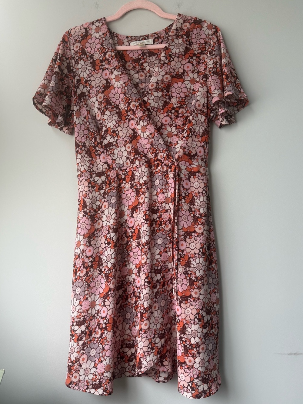 Monteau Pink & Brown Floral Wrap Mini Dress